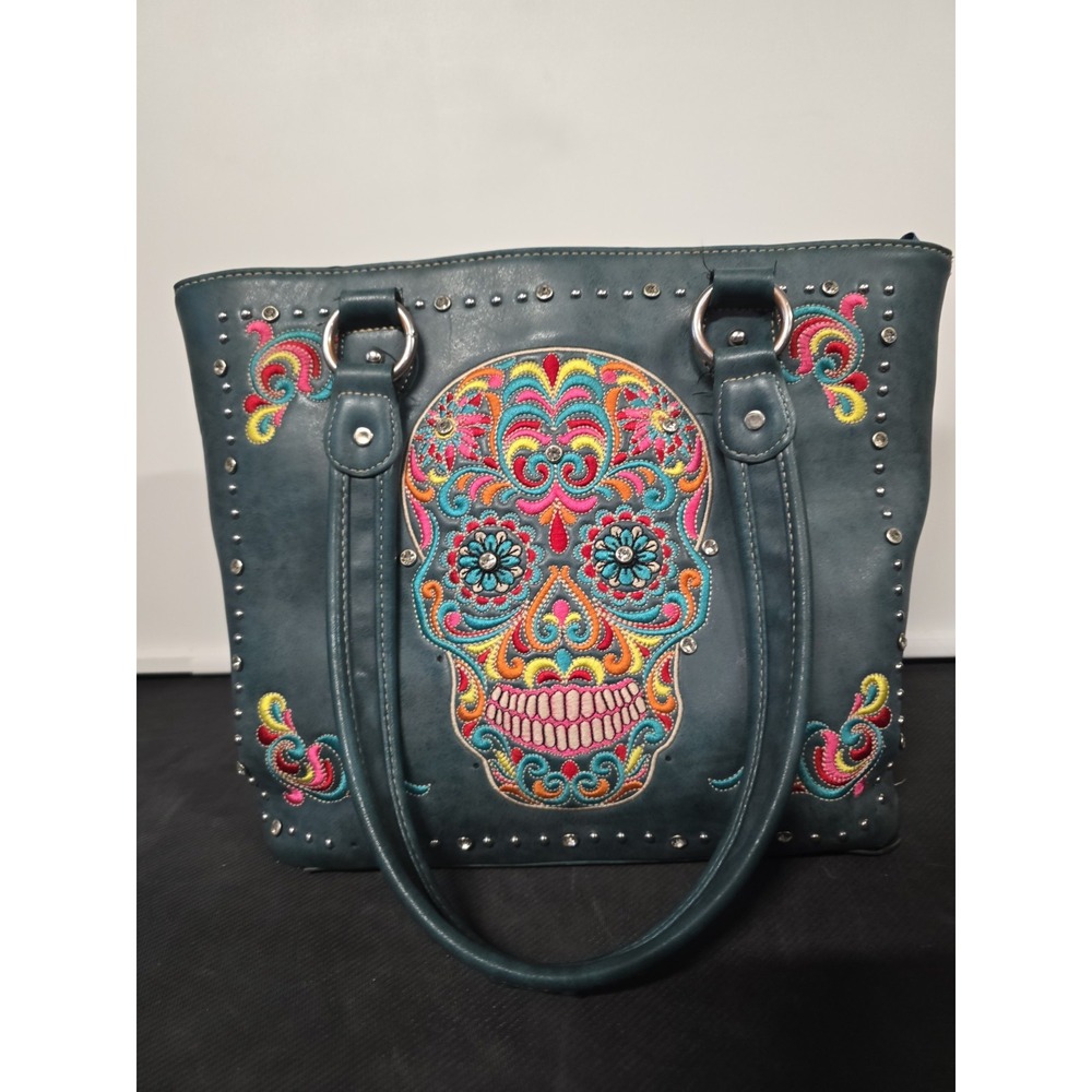 AMERICAN BLING EMBROIDERED SUGAR SKULL WESTERN PURSE/TOTE TURQUOISE MINT COND